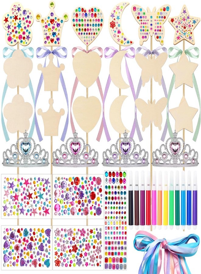 FEMBW 58PCS DIY Princess Fairy Wand Kit - 18 Wooden Wands, 18 Ribbons, 4 Gem Crowns, 6 Sheets Stickers, 12 Markers - Star, Heart, Moon, Crown, Butterfly, Flower Shapes - Birthday Craft Gift for Girls - Image 1